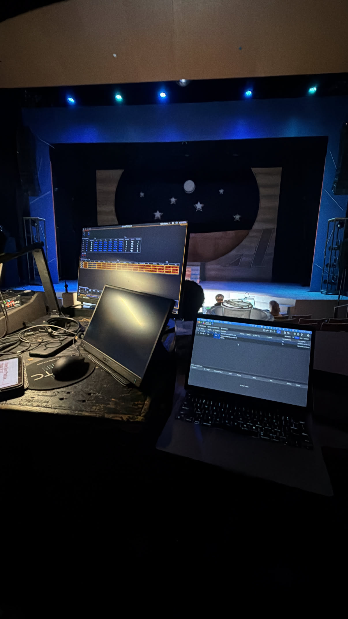 Lighting workstations overlooking the A.D. Players Joseph stage