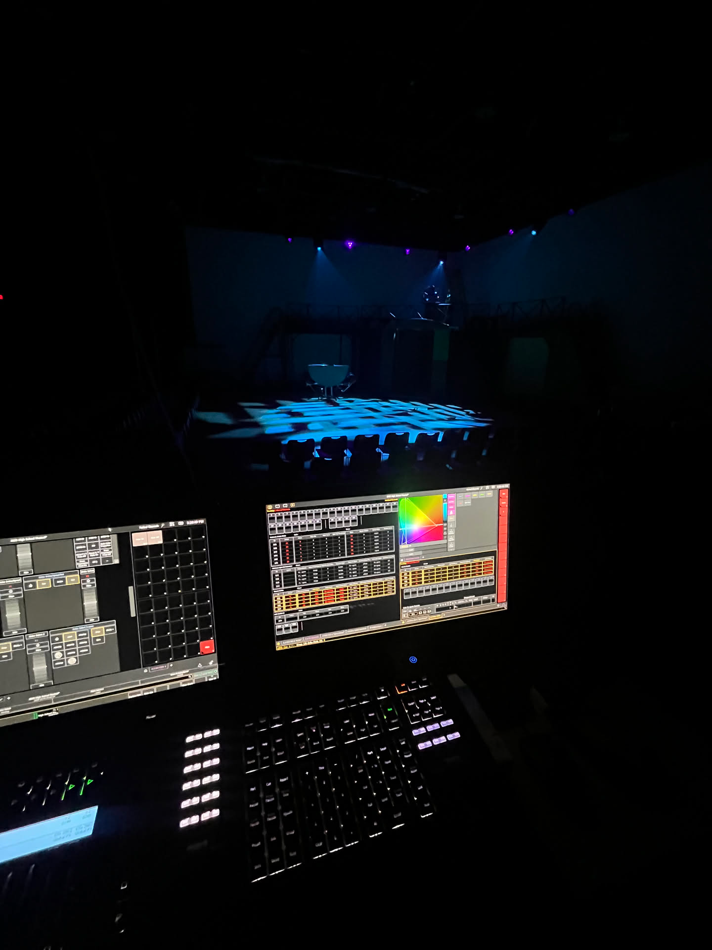 ETC lighting console overlooking a dark blue preset for High School Musical