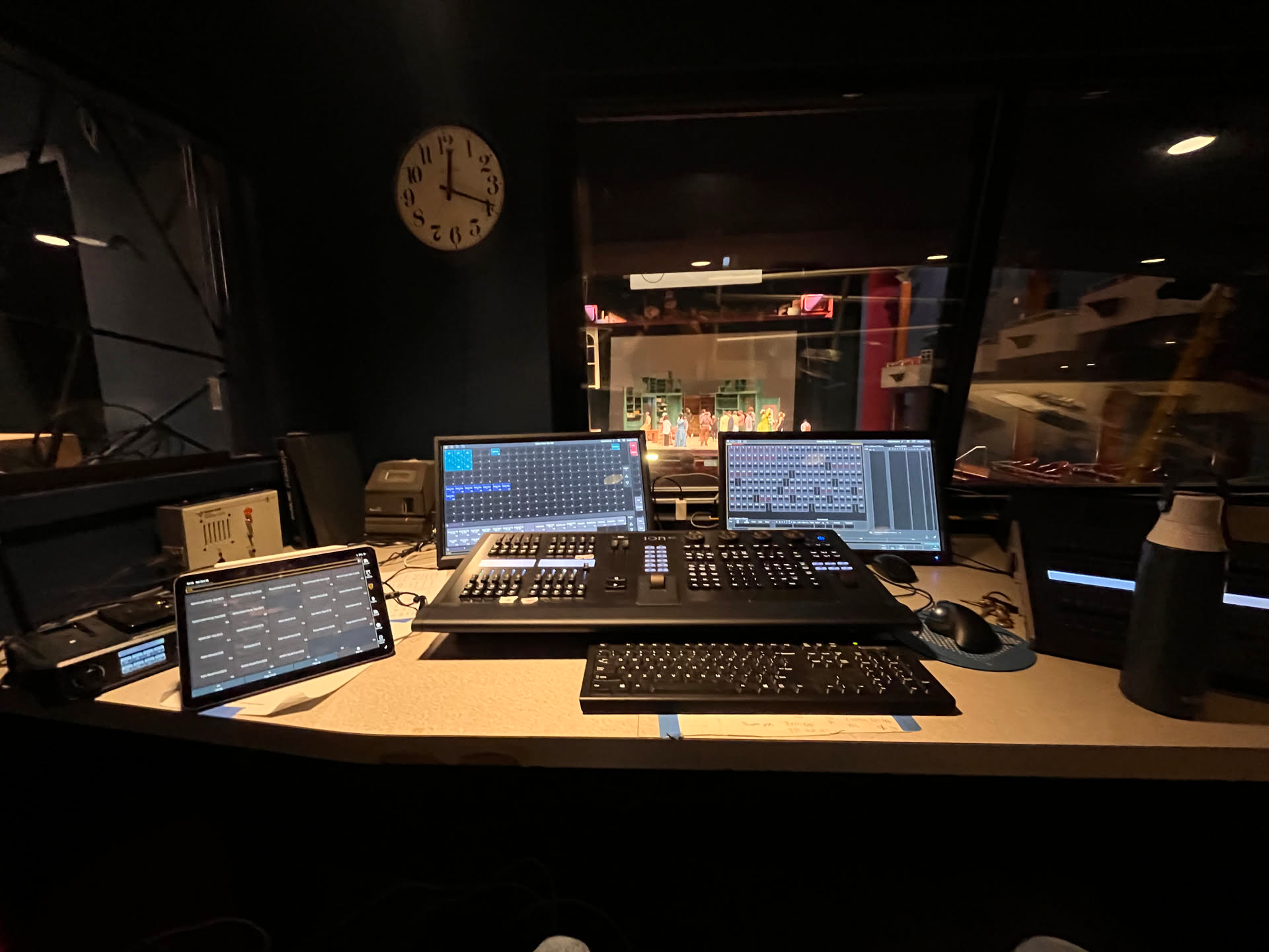 ETC Ion console and programming monitors overlooking the Hobson's Choice stage